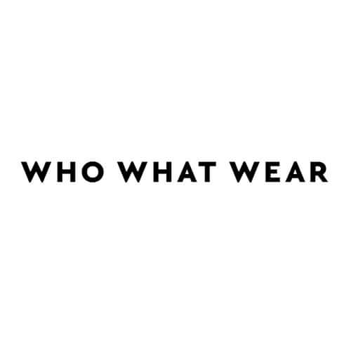 WHO WHAT WEAR logo featuring the brand's name in bold letters on a white background.