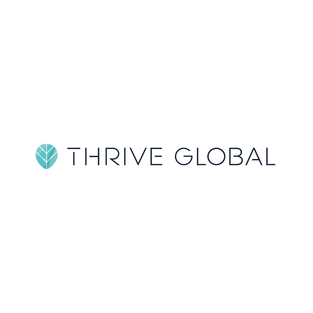 Thrive Global logo with teal symbol and black text on a white background