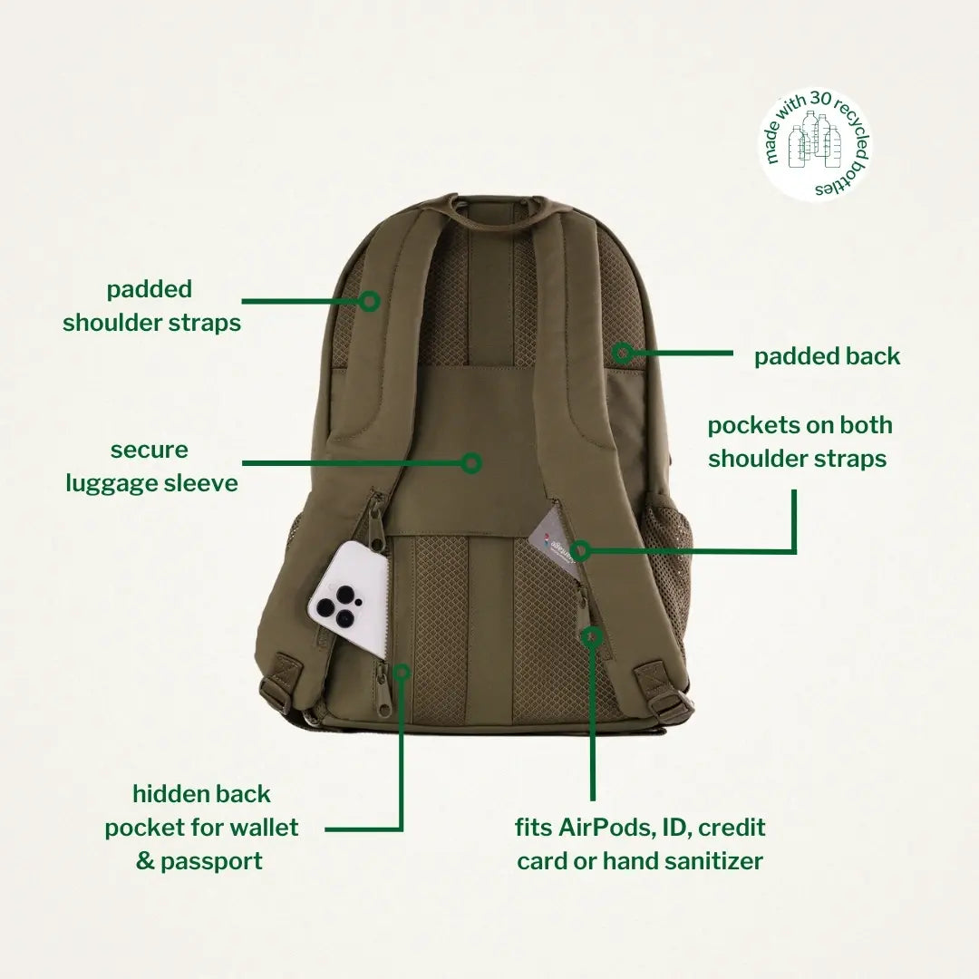 August Noa travel backpack in olive. Back view with detailed product descriptions.