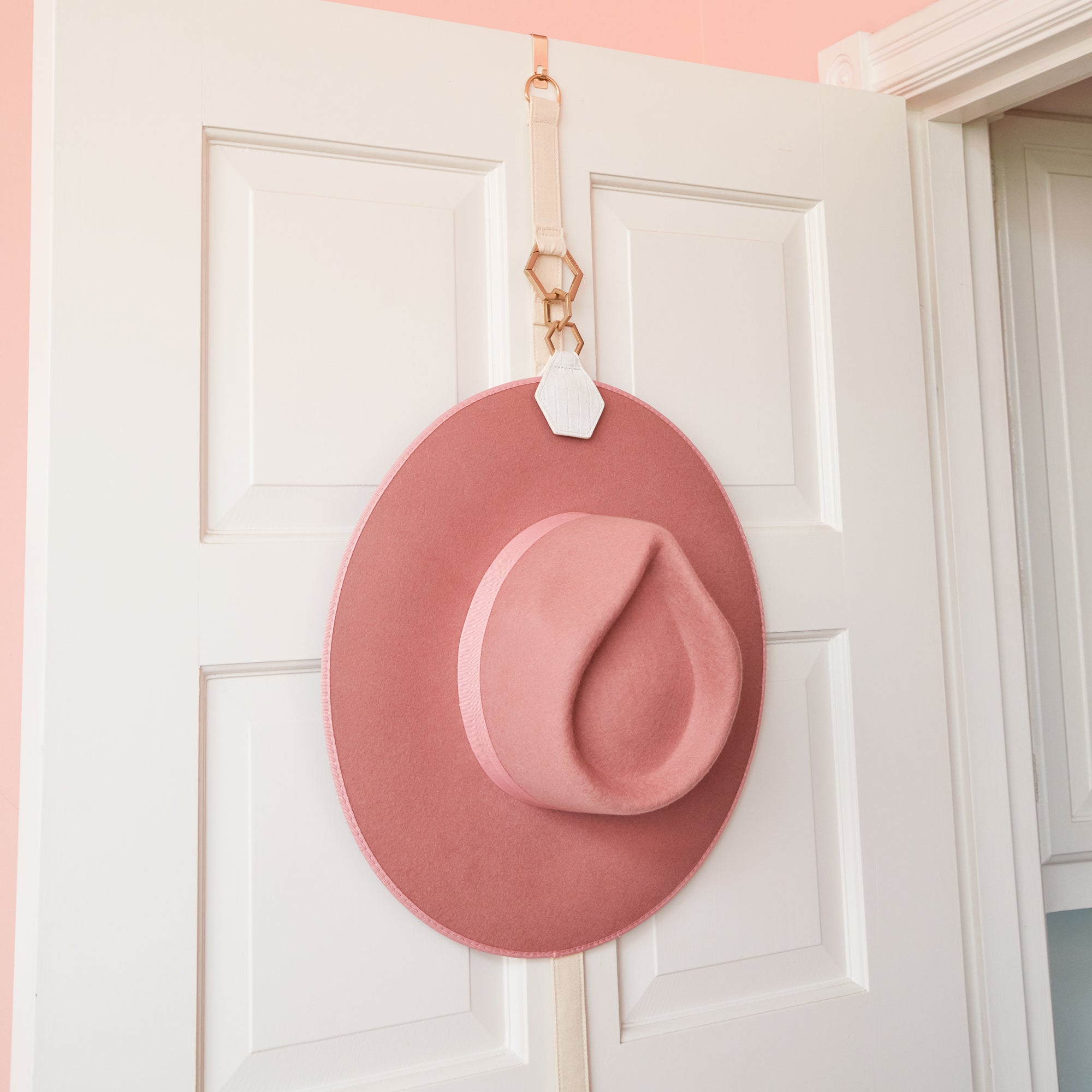 the collector hat organizer organizes your hats like a hat rack on your door