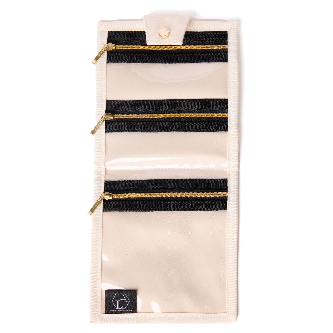 the journey travel jewelry pouch in natural canvas. Opened.