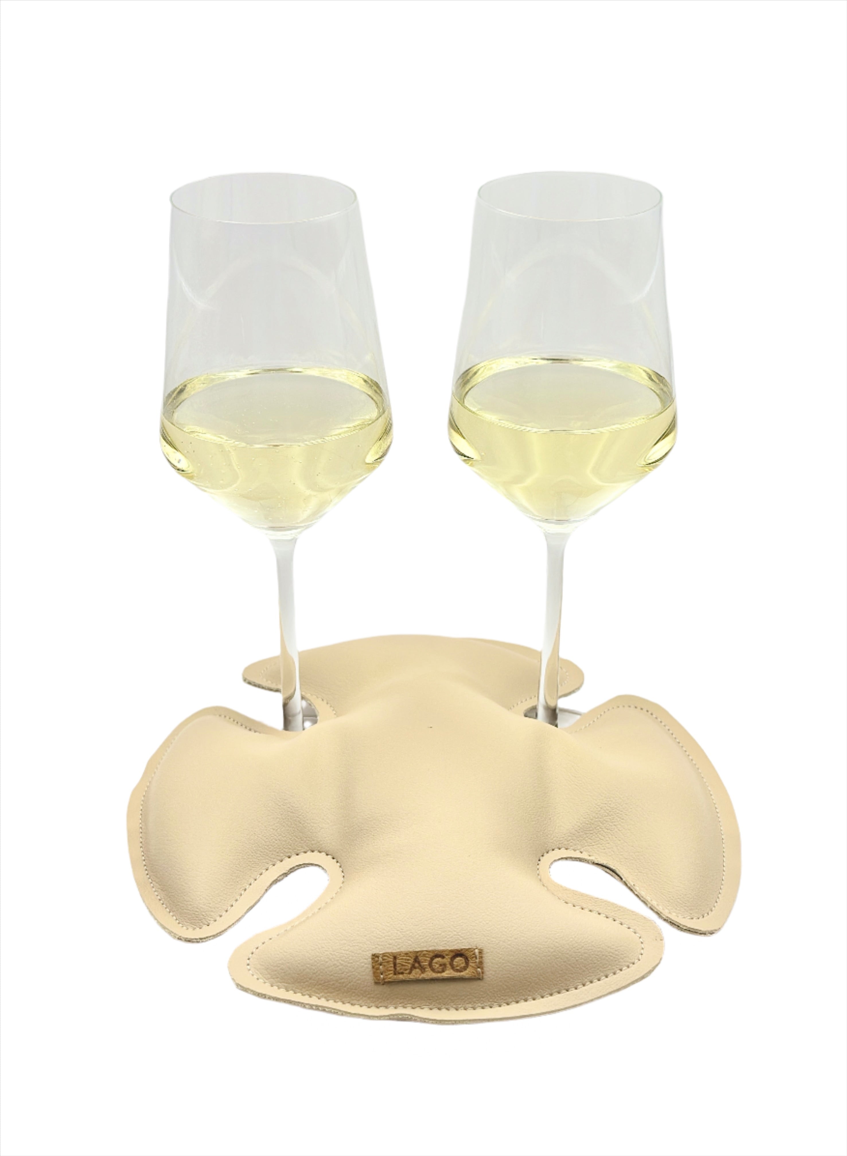 Lago 'Sand Dollar' Wine Holder with two wine glasses, perfect for sunset cruises, BBQs, picnics, and beach cocktails, keeping glasses anchored securely.