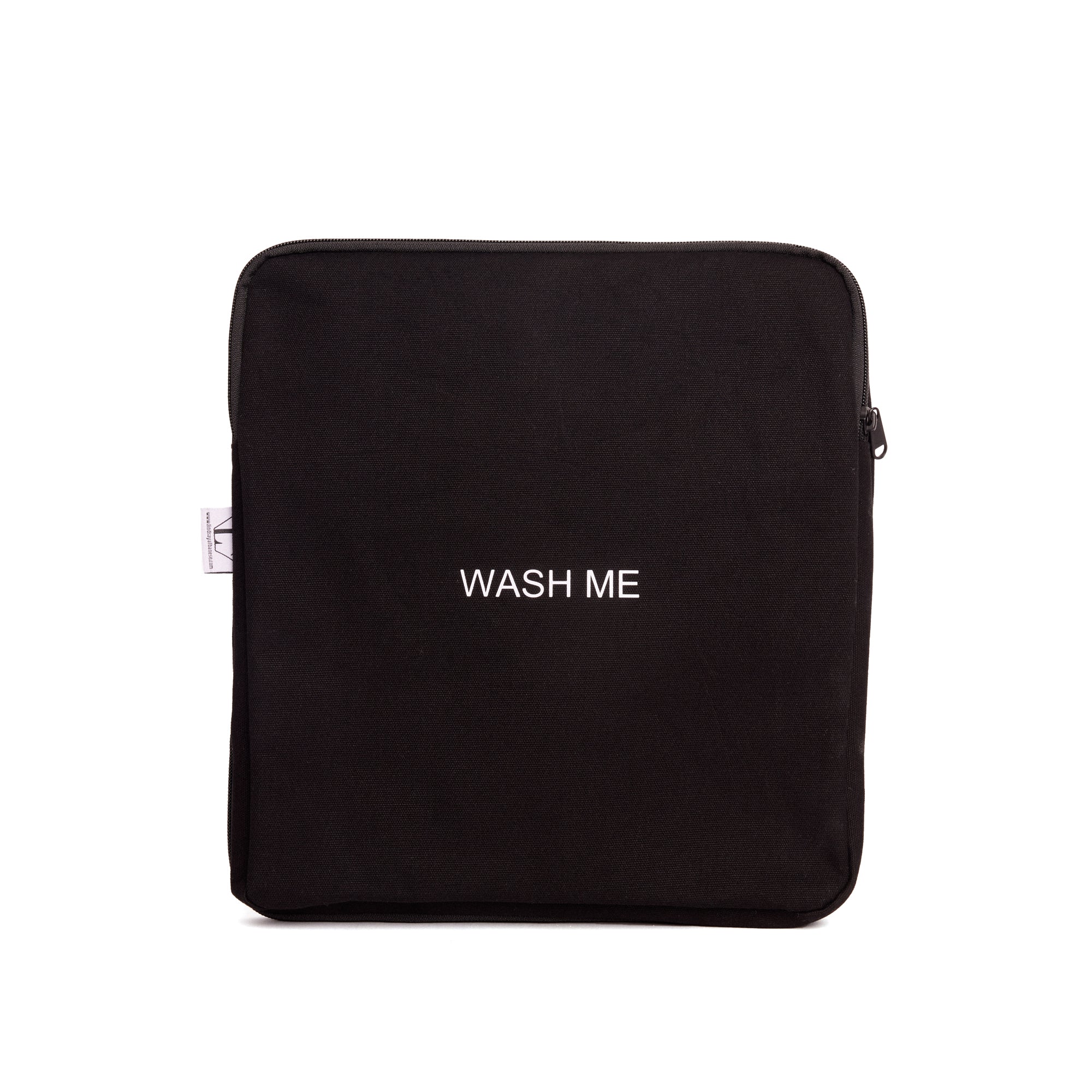 Two-Sided Travel Laundry Bag, Extended Stay, Black Pouch with "Wash Me" Text, Keeps Clean and Dirty Clothes Separate