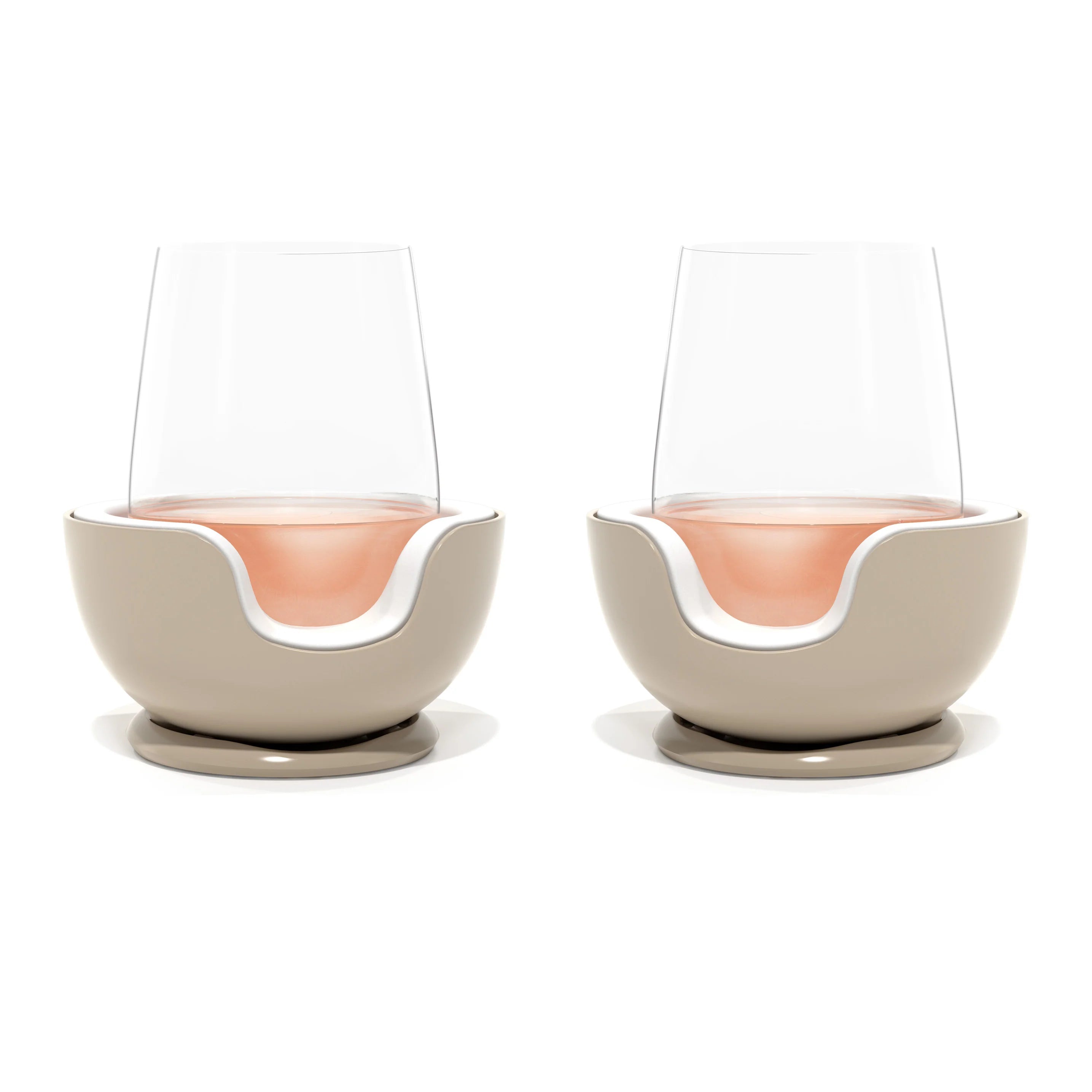 Pair of VoChill Stemless Wine Chillers holding glasses of chilled wine, designed to maintain perfect temperature without a cheesy koozie.