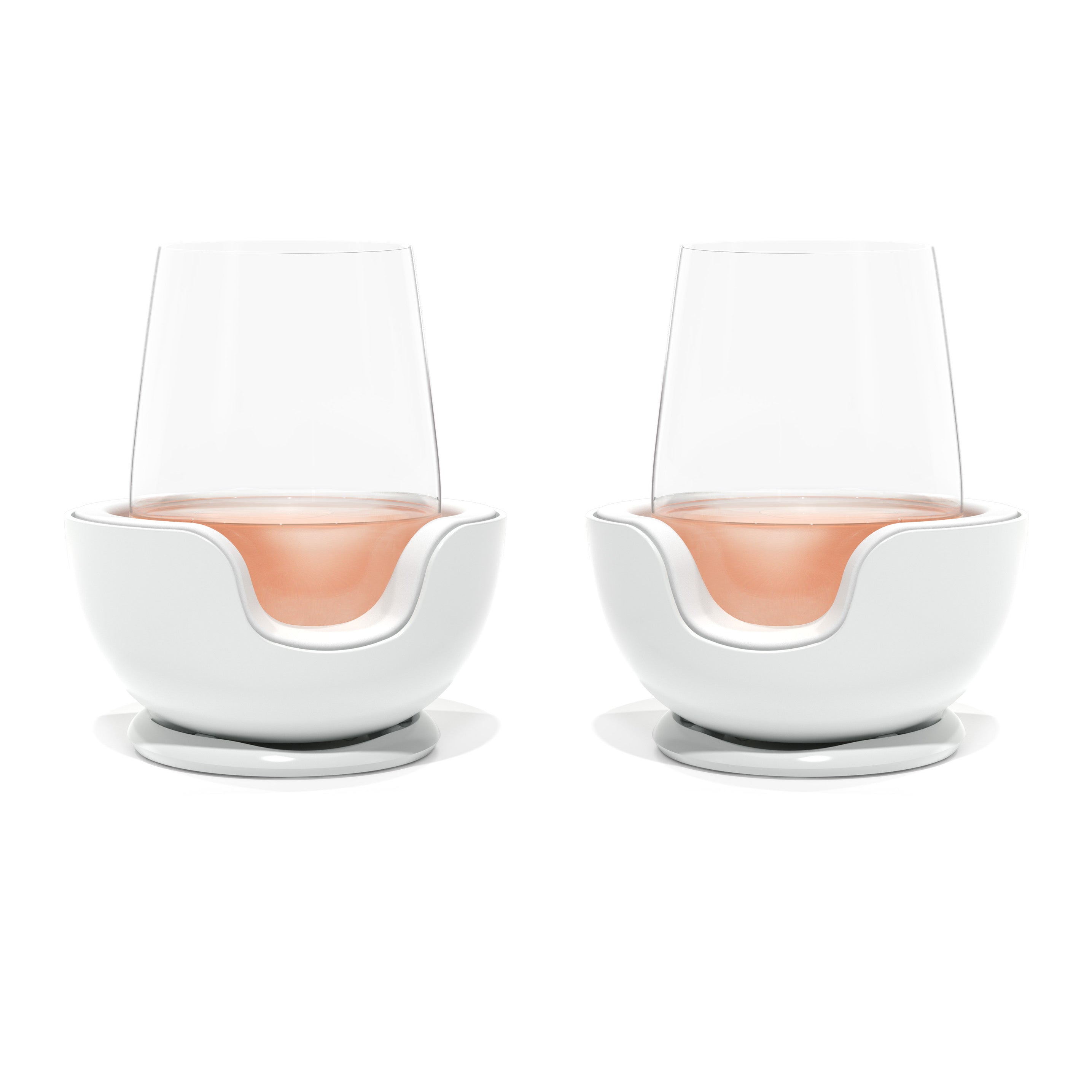 Pair of VoChill Stemless Wine Chillers keeping two glasses of wine perfectly chilled.