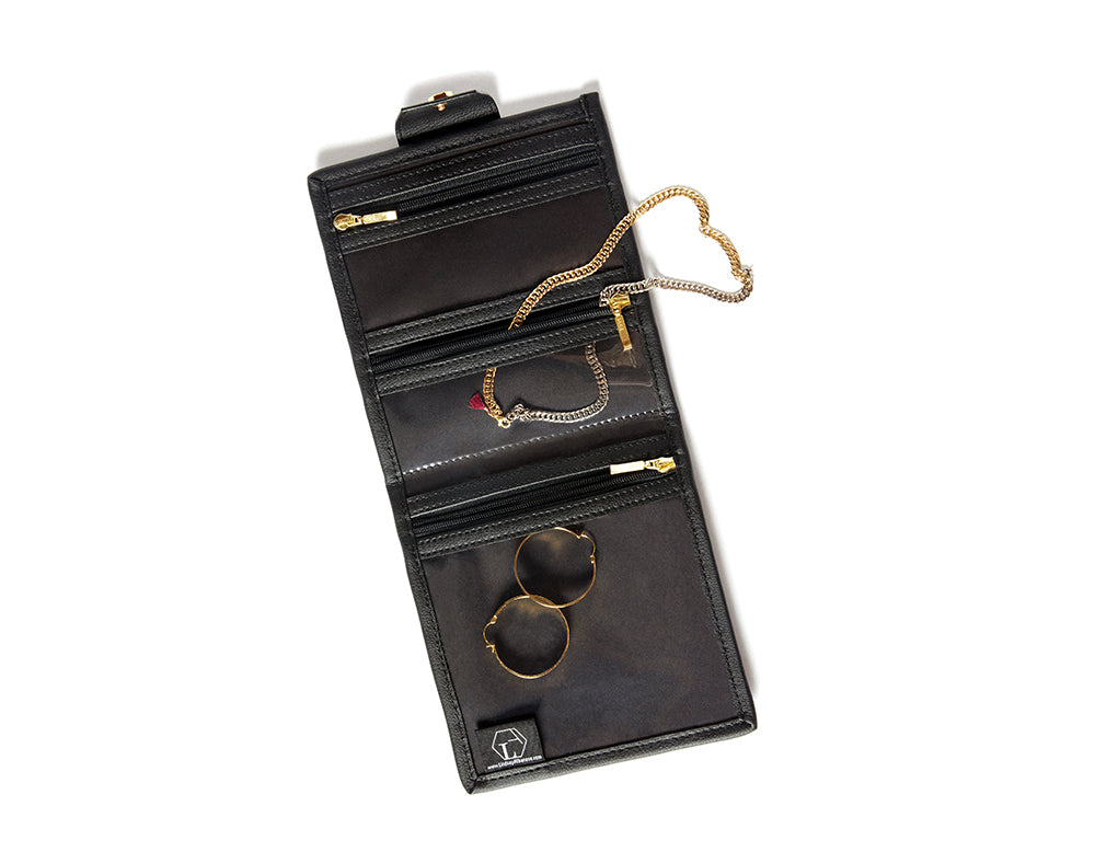 The Journey Cactus “Leather” Jewelry Pouch - Open View with jewelry