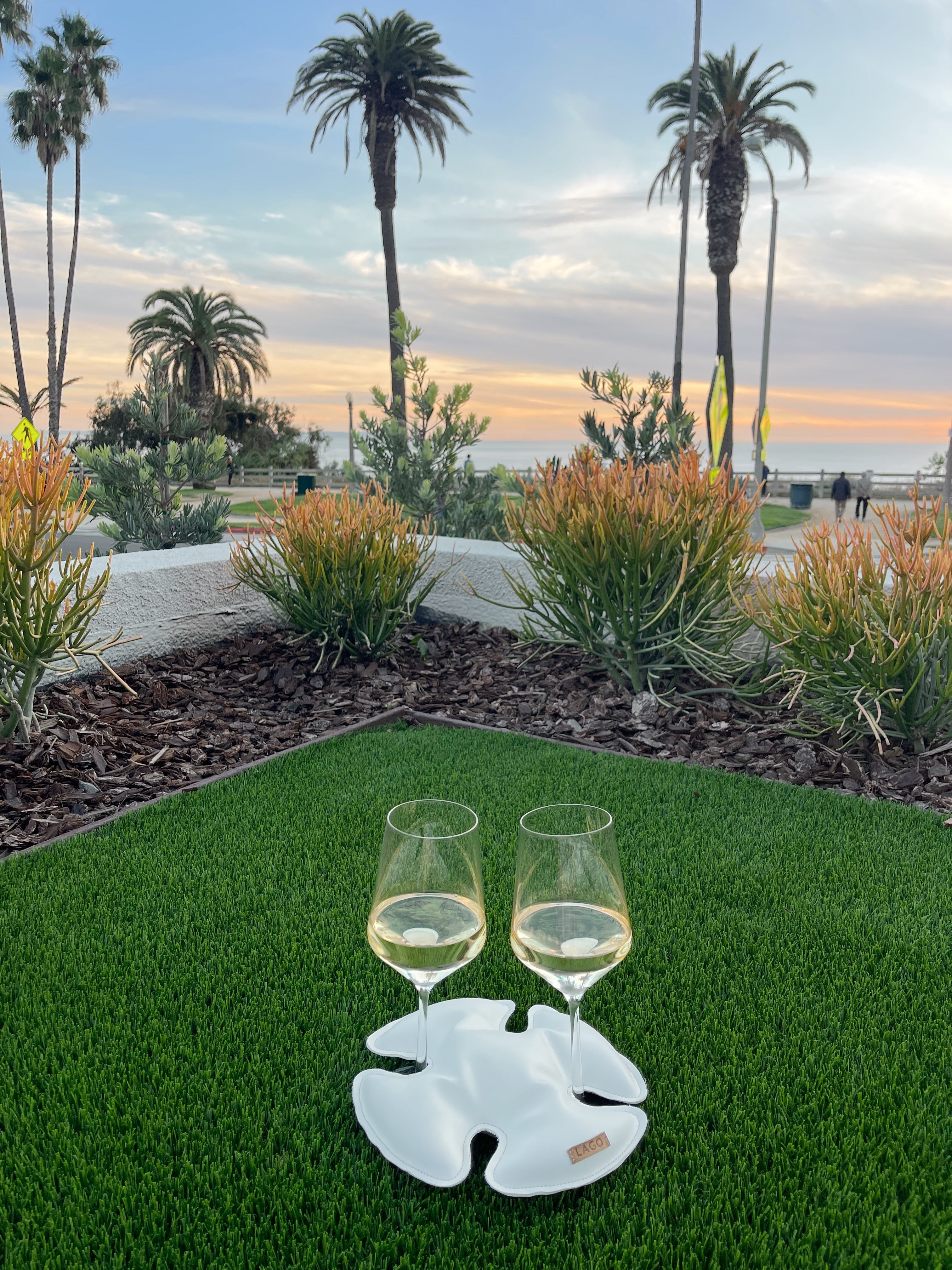 2 wine glasses secured with LAGO in cloud outdoors on grass.