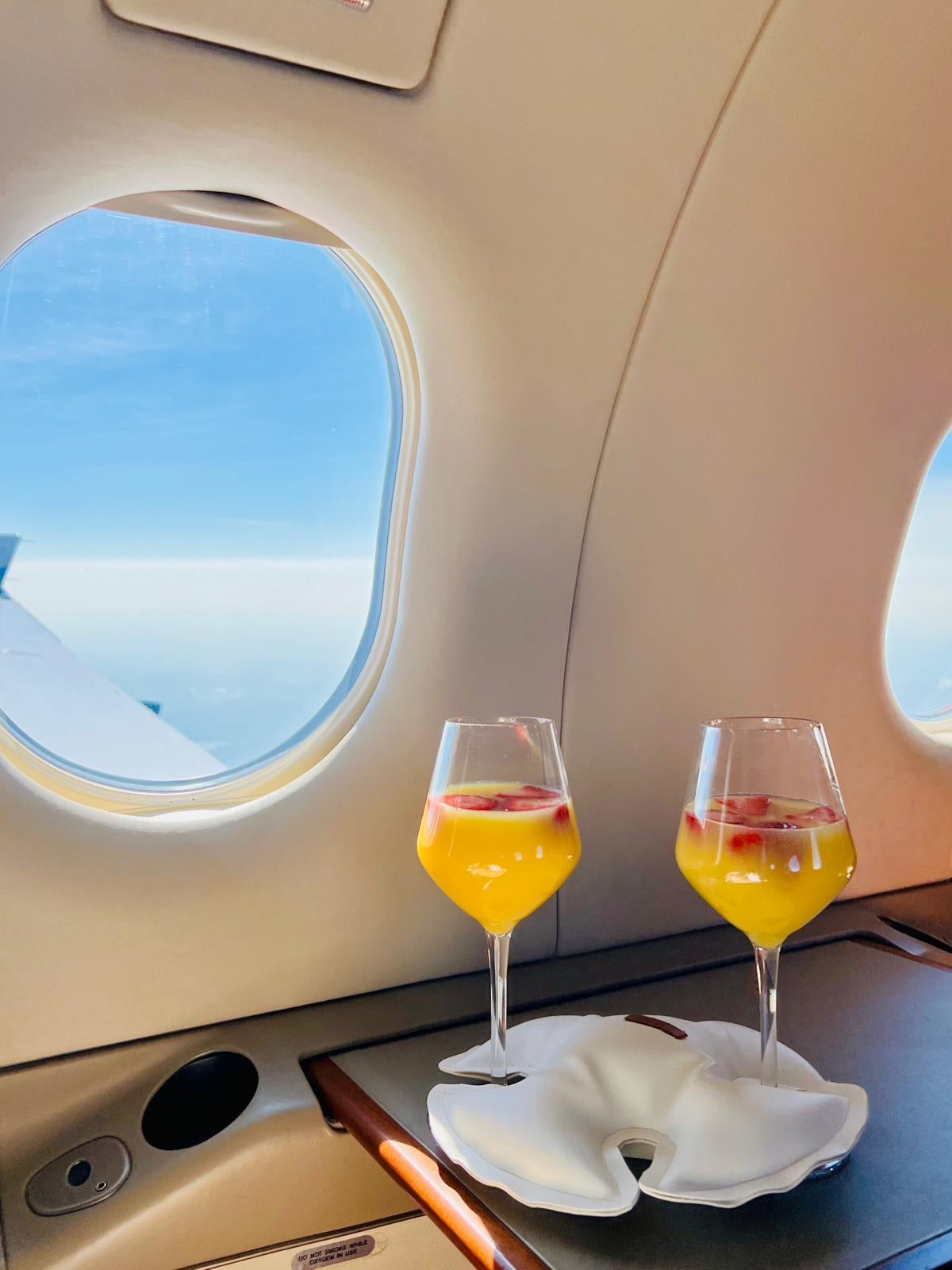 2 wine glasses secured with Lago in cloud on a plane.