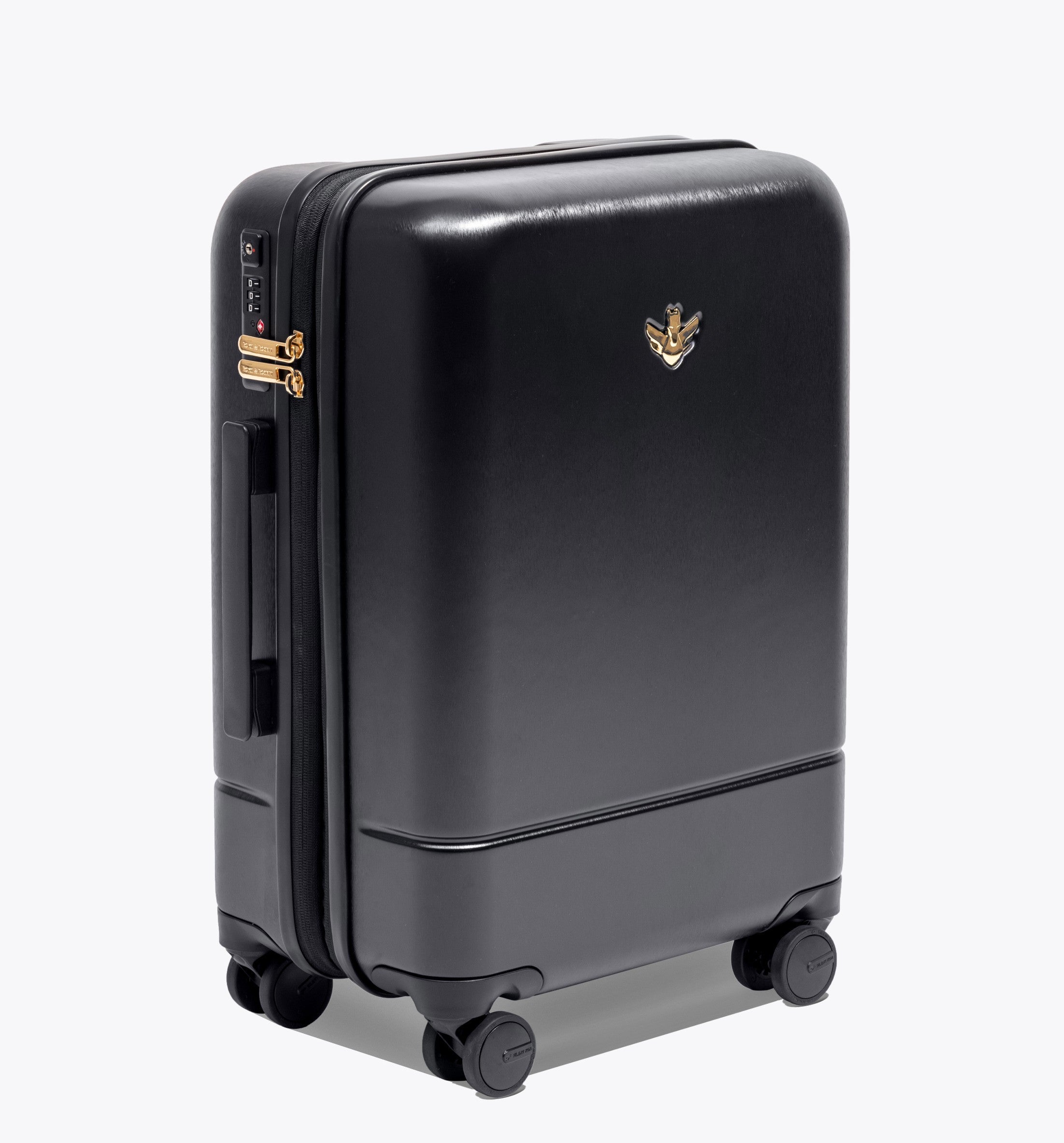 Castle Carry-On Expandable Black suitcase with wheels and secure lock for organized travel.