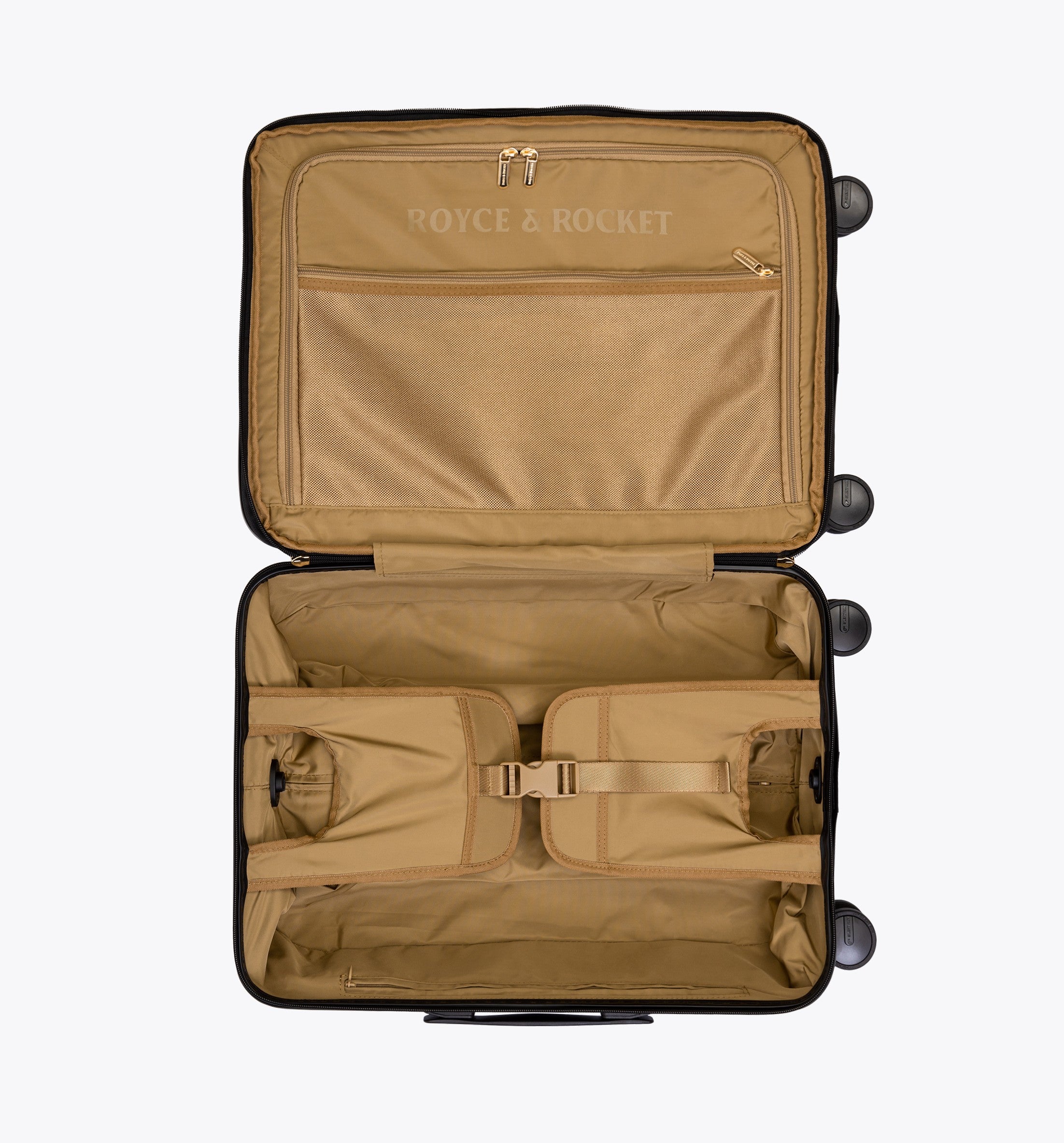 Open Castle Carry-On Expandable Black suitcase with organized interior compartments and fold down shelves.