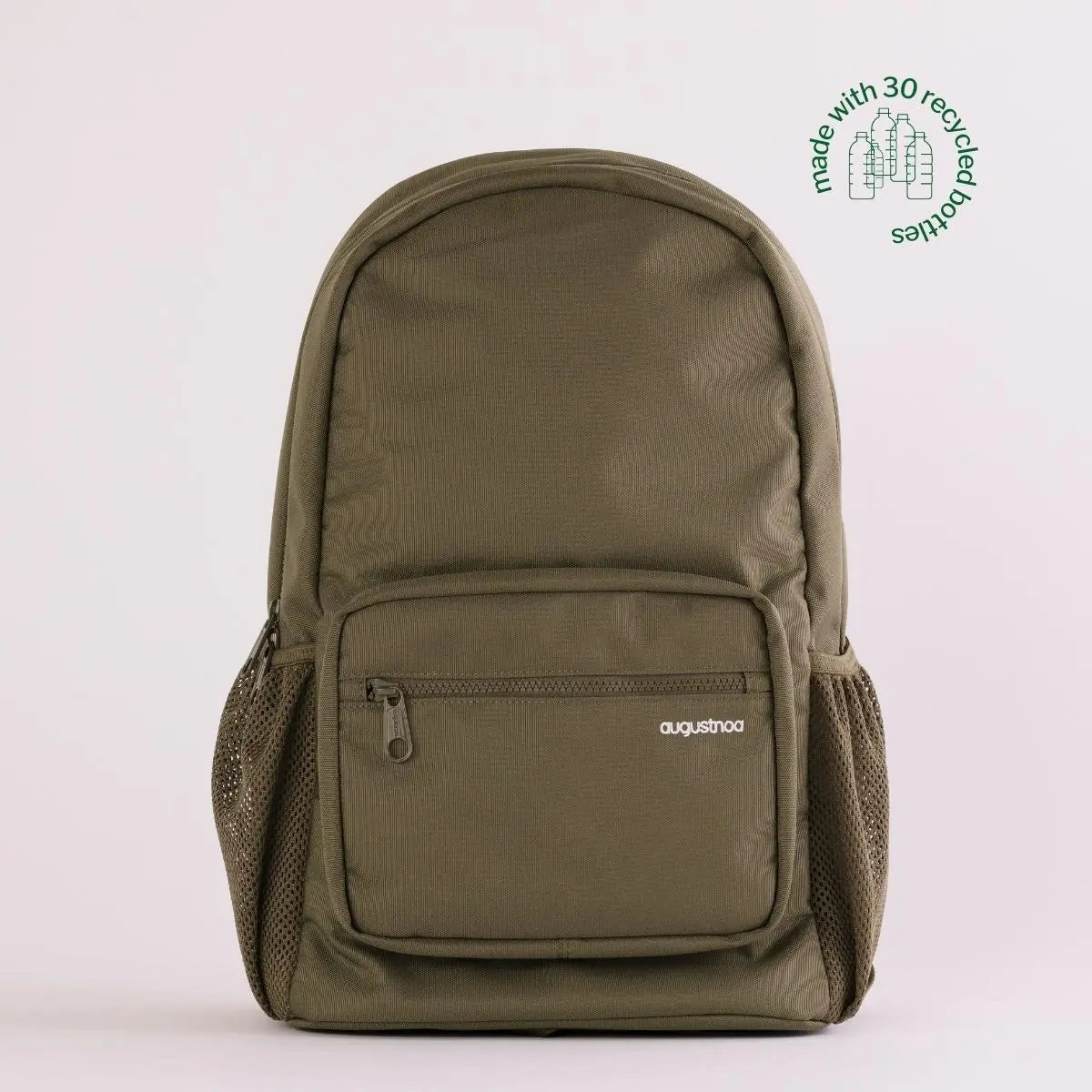 August Noa travel backpack in olive. Front view.