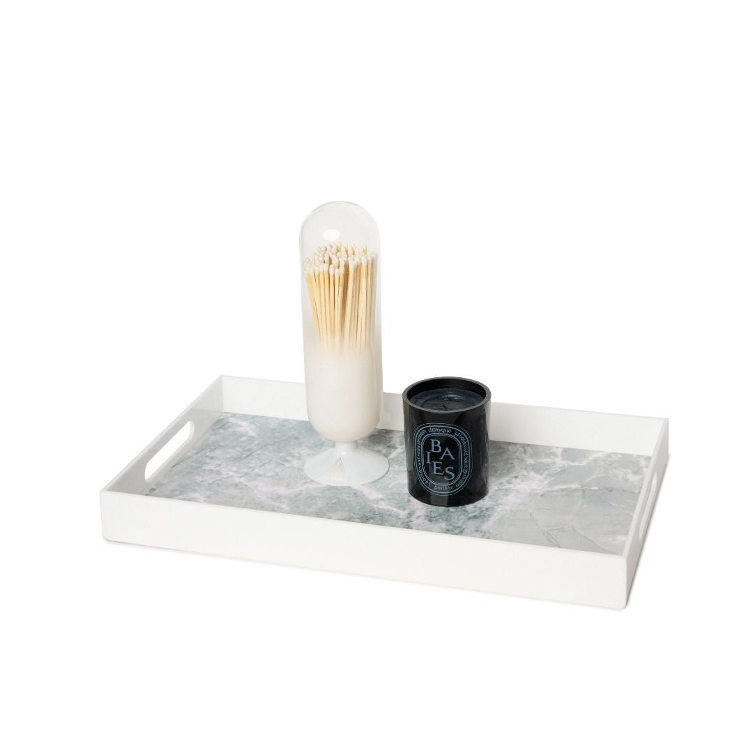 Statement Home white acrylic serving tray with insert with home decor.