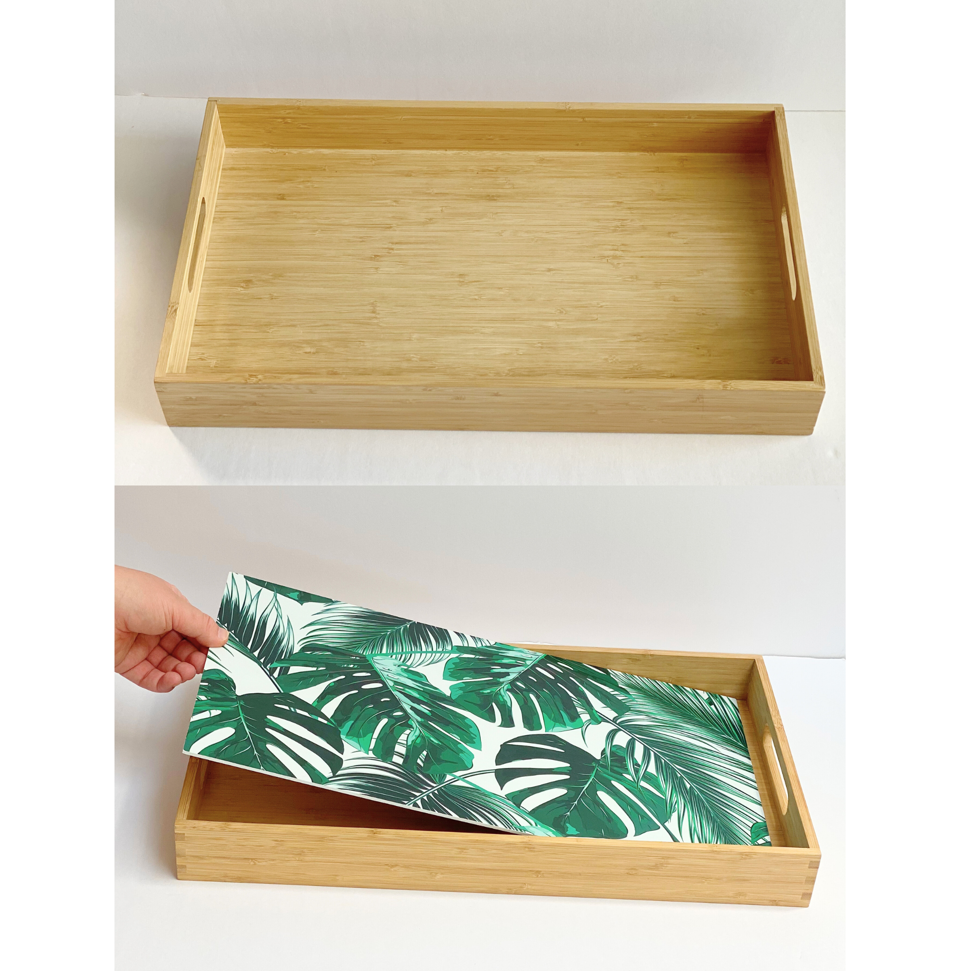 Bamboo serving tray with person adding a tropical leaf design insert, showcasing versatile and customizable tray options.