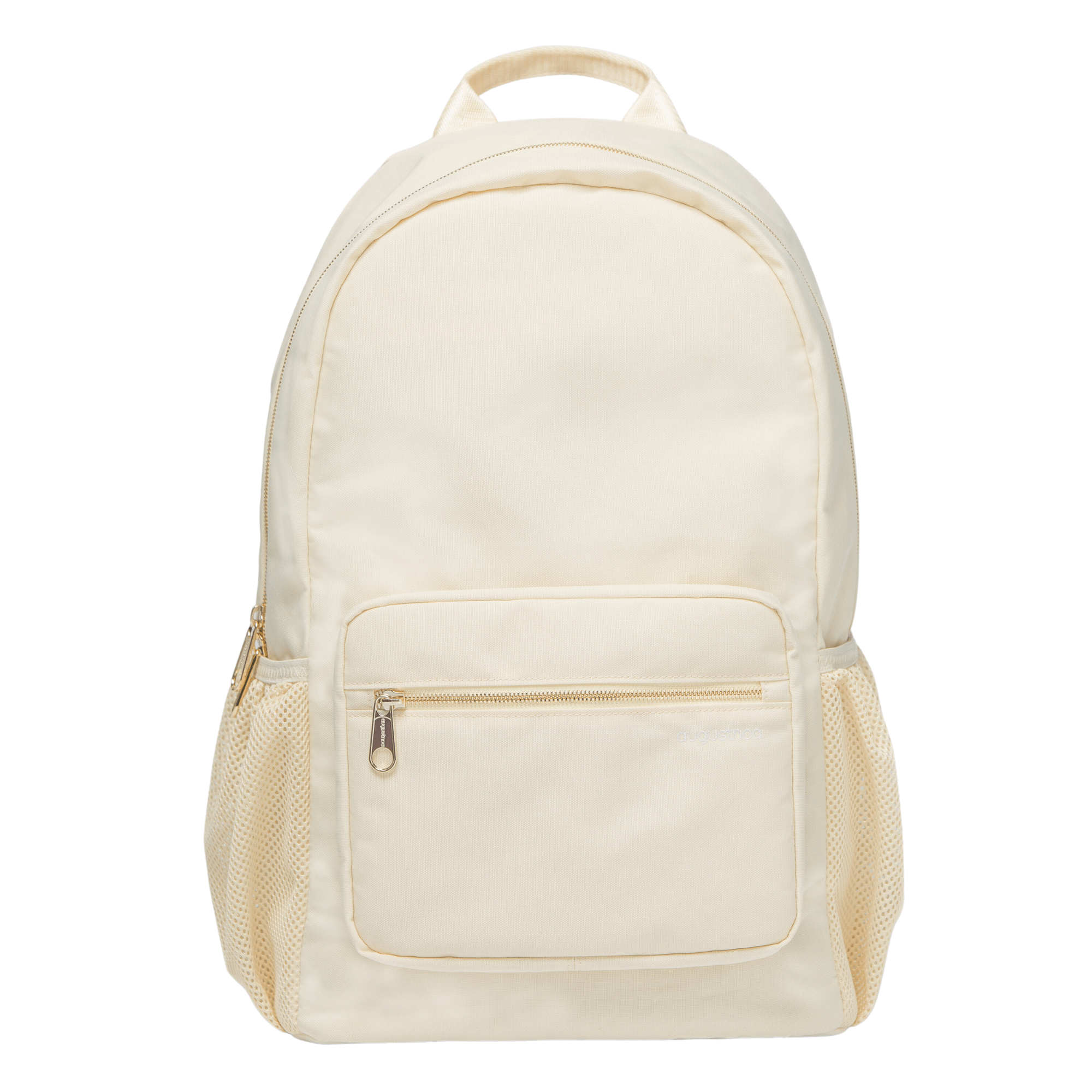 cream backpack with gold hardware, laptop protector and multiple pockets