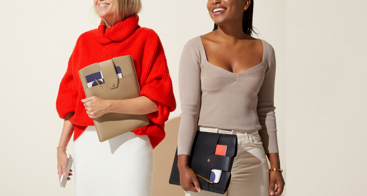 Lindsay Albanese and model holding the clutch laptop sleeves