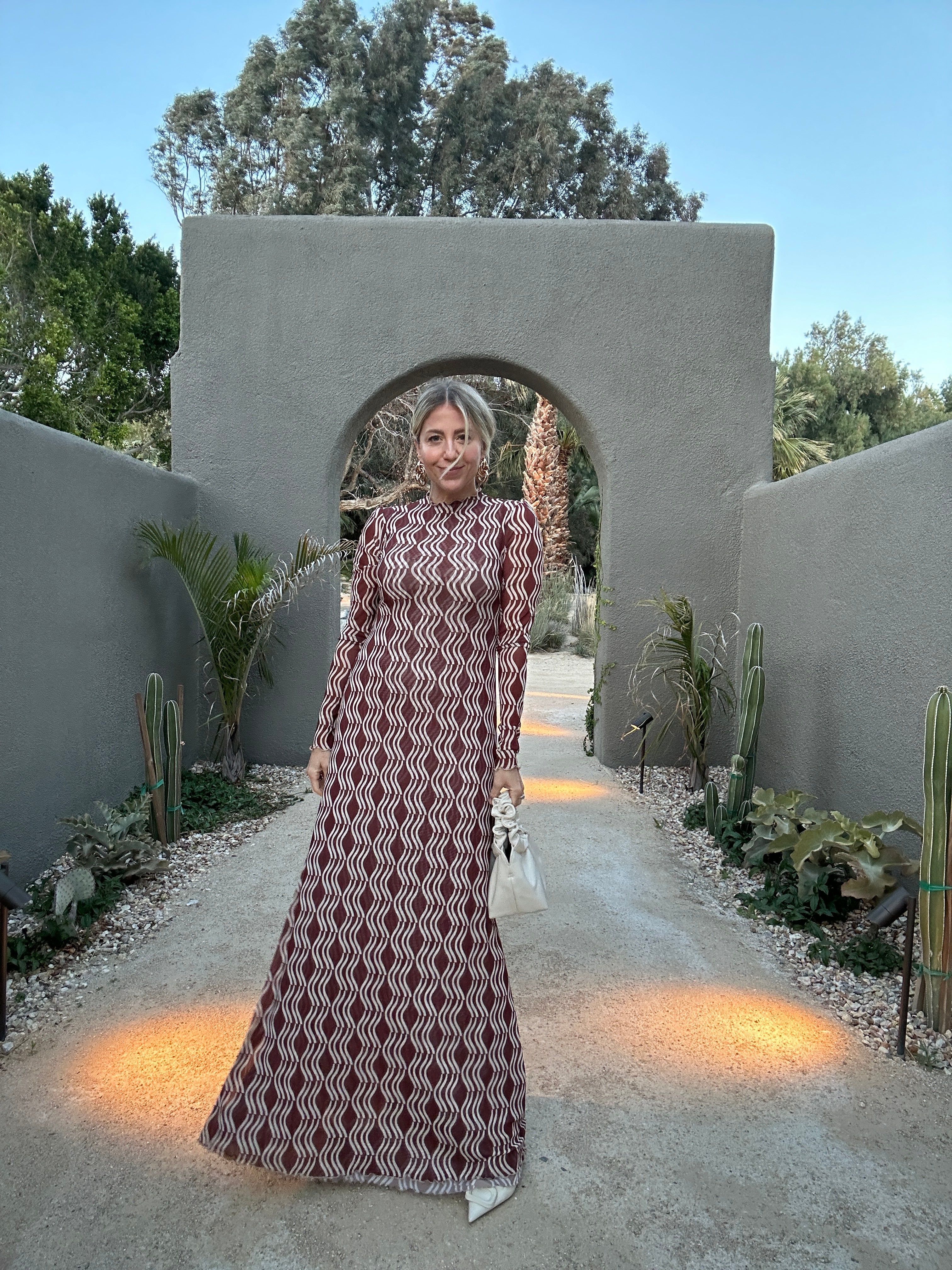 lindsay albanese in palm springs wearing a printed Resa maxi dress