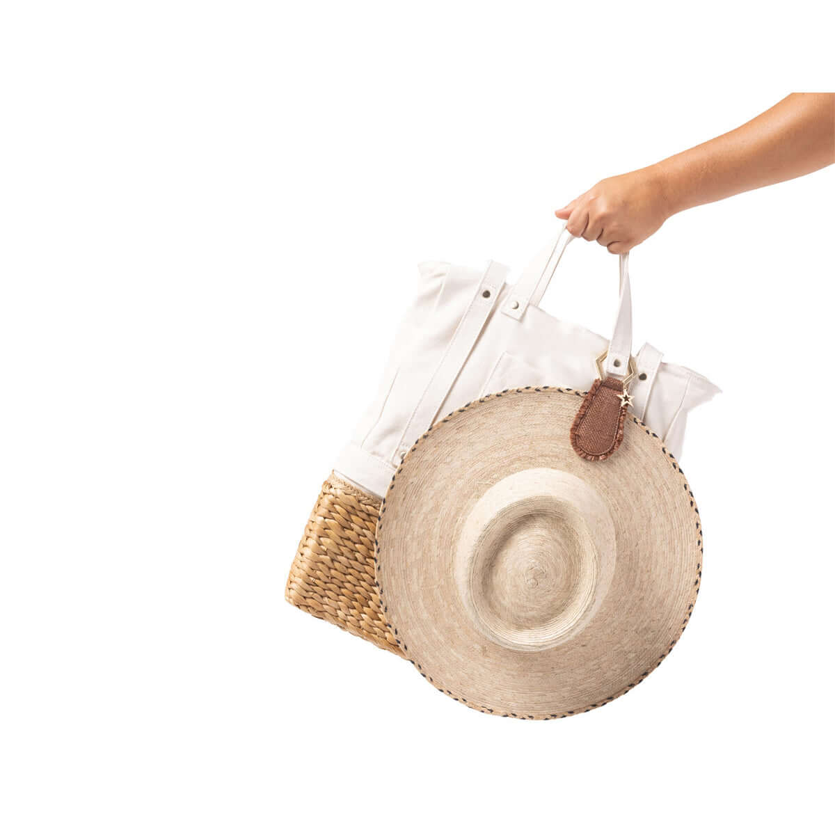  TOPTOTE by Lindsay Albanese hat clip collaboration with LSpace swimwear in brown with raffia fray trim
