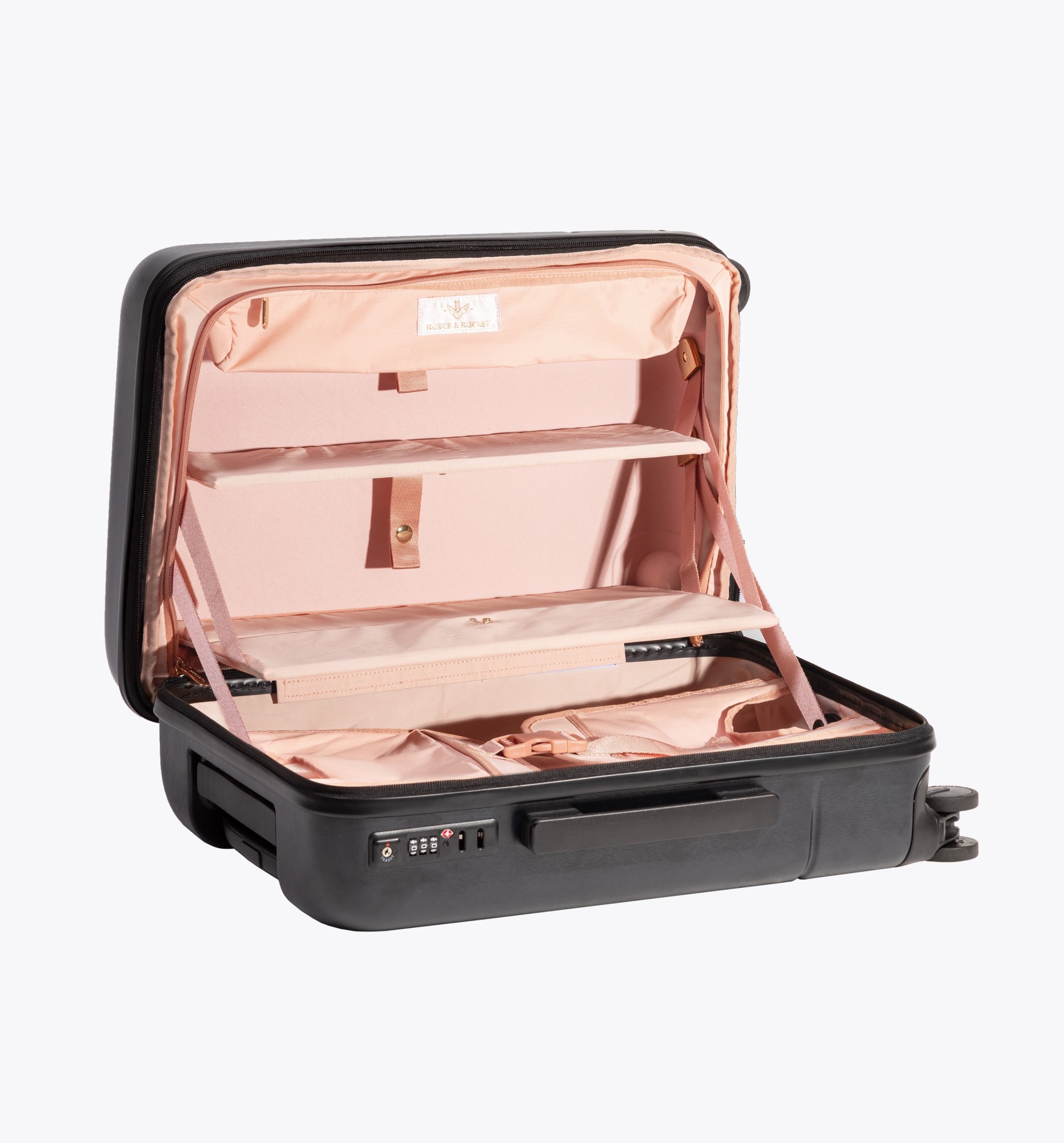 royce and rocket roller carryon with pink organization shelves